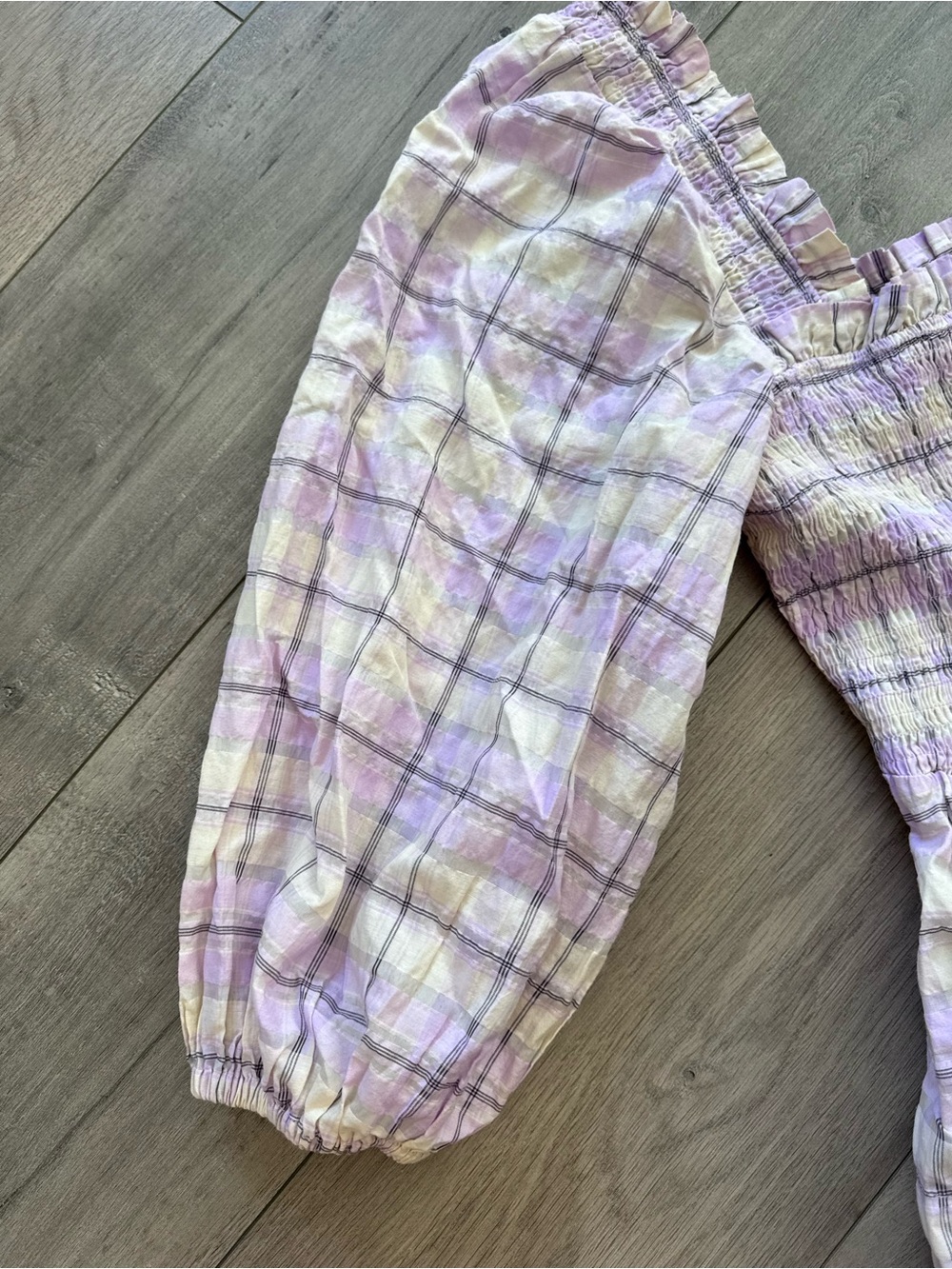 Ganni Seersucker Check Smocked Plaid Blouse-Orchid Bloom Size 42/L